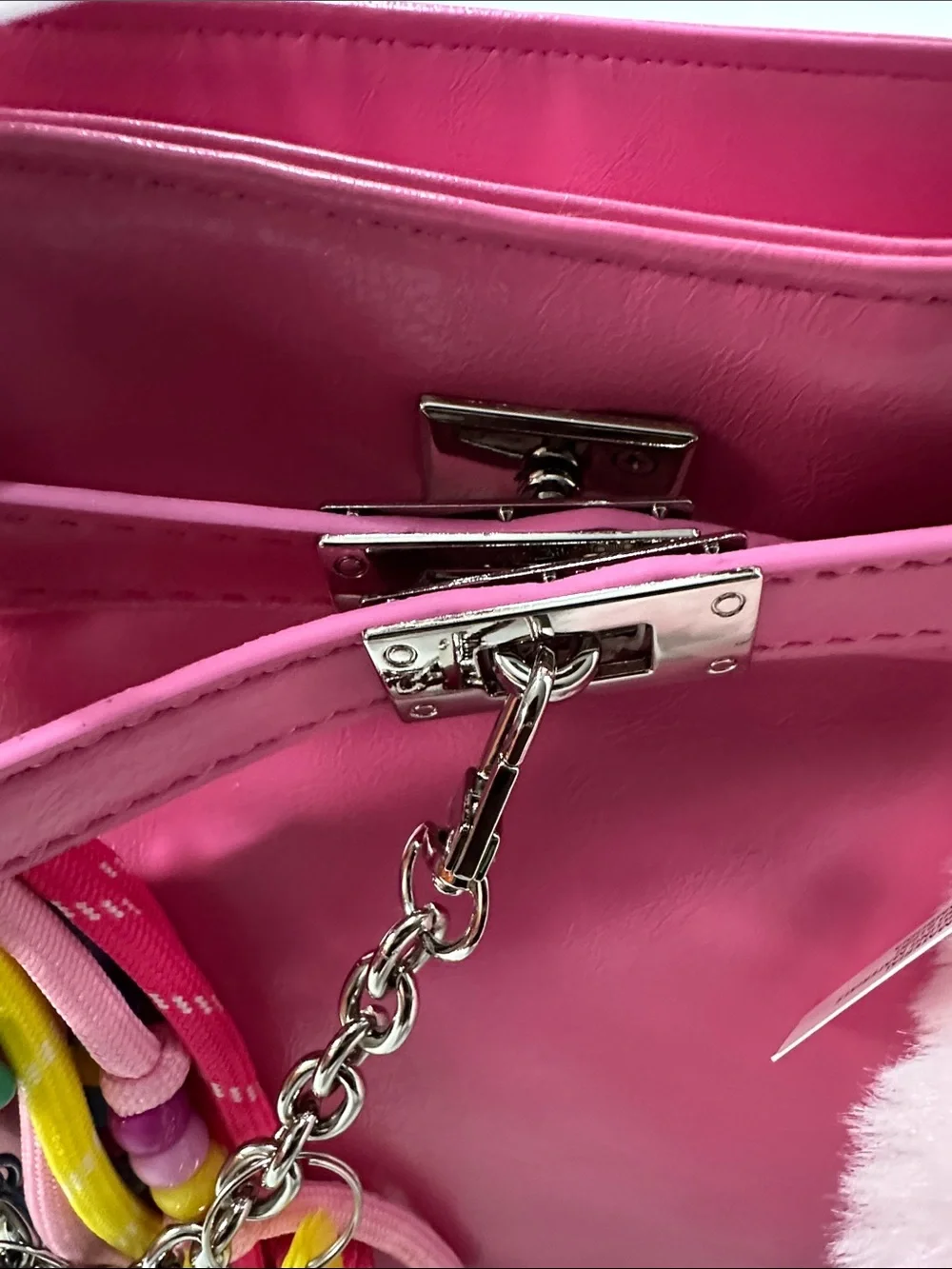 Hot Pink Patent Satchel with Fluffy Bunny Charm
